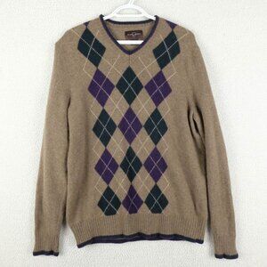 Black Brown 1826 Sweater Mens Large Brown Purple Argyle Lambs Wool V Neck Preppy